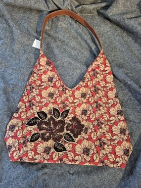 Anthropologie Red Floral Shoulder Bag with Brown Leather Strap and 3d Embroidery